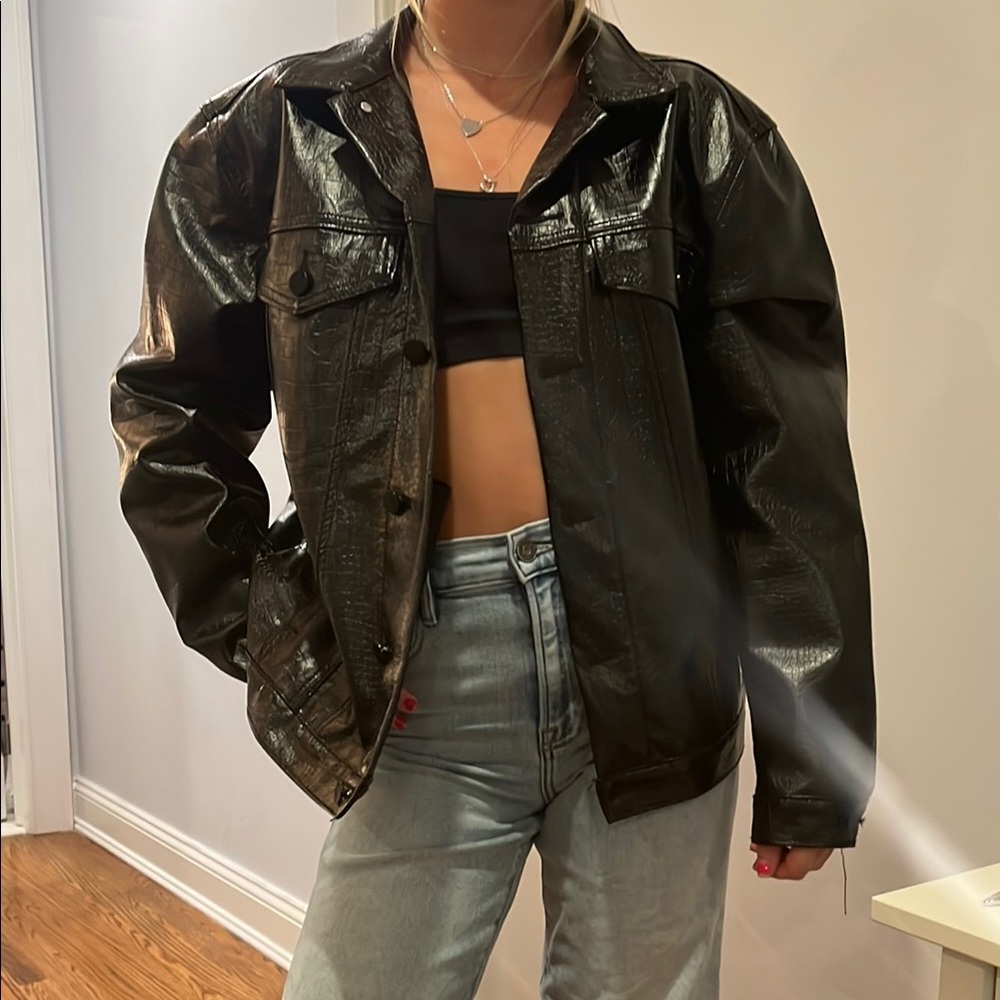 Women's oversized Black Faux Leather mock croc Jacket